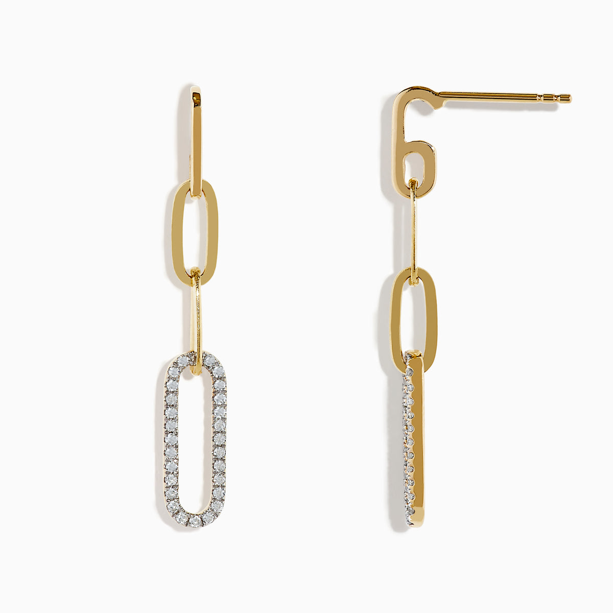 Doro 14K Yellow Gold Diamond Paperclip Drop Earrings feature two linked ovals: a plain upper oval and a lower oval adorned with sparkling diamond-like white crystals, creating a modern, elegant look.