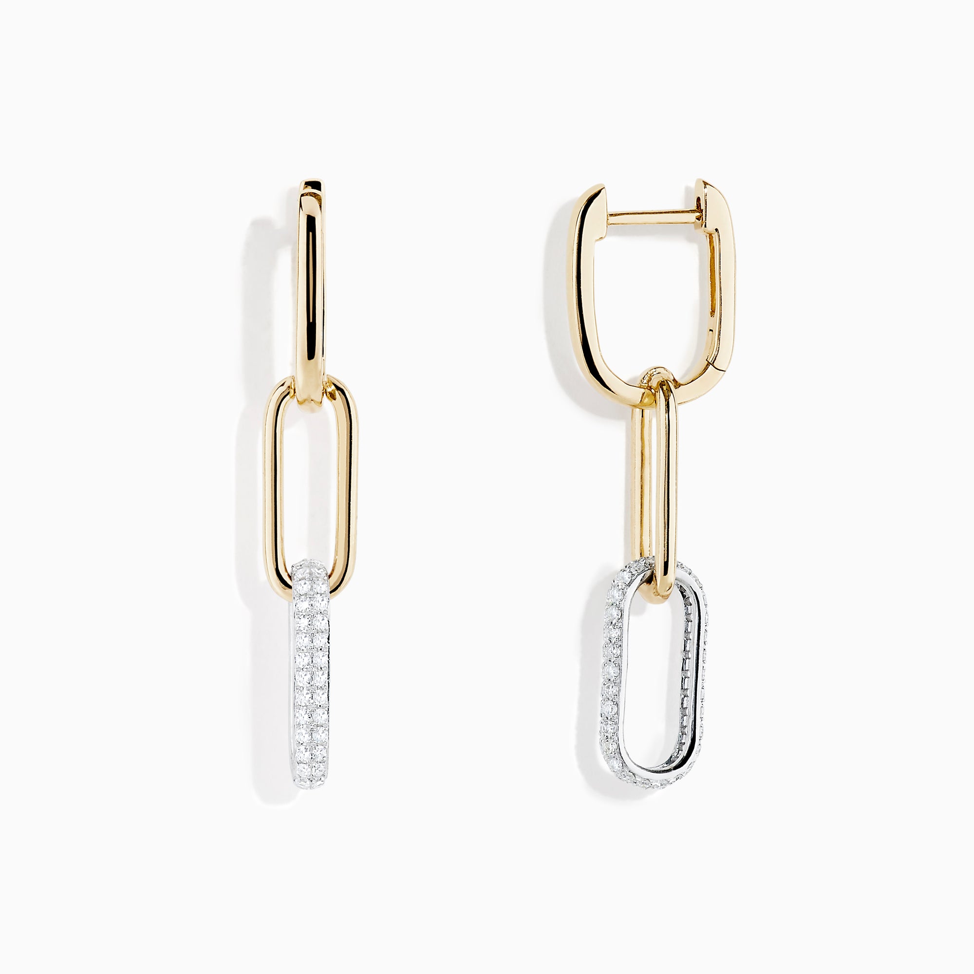 The Duo 14K Two Tone Gold Diamond Drop Earrings feature two linked ovals—one in gold and the lower adorned with sparkling diamonds—creating a modern, elegant look.