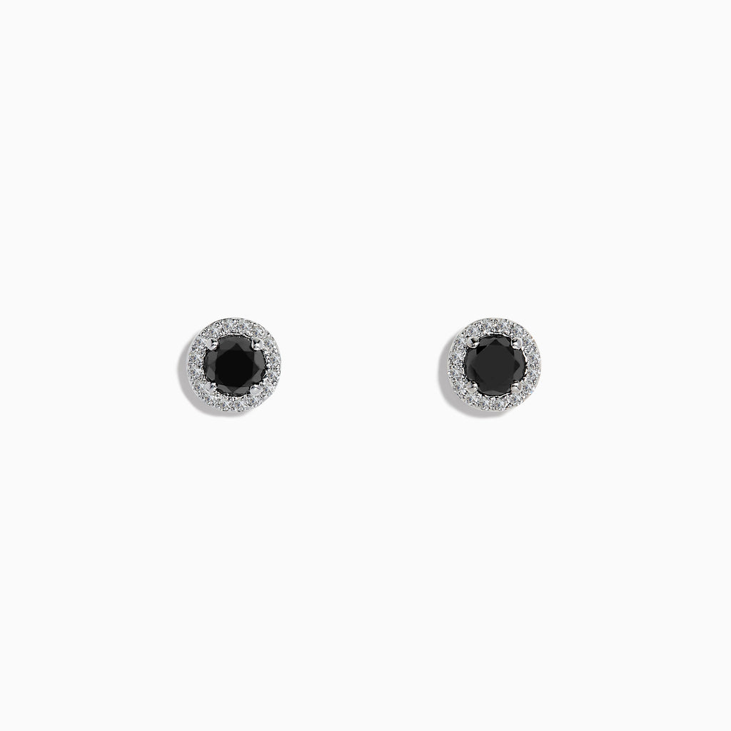 The Caviar 14K White Gold White and Black Diamond Stud Earrings feature black diamond centers encircled by white diamonds, shown on a plain white background.