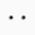 The Caviar 14K White Gold White and Black Diamond Stud Earrings feature black diamond centers encircled by white diamonds, shown on a plain white background.