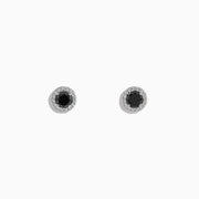 The Caviar 14K White Gold White and Black Diamond Stud Earrings feature black diamond centers encircled by white diamonds, shown on a plain white background.