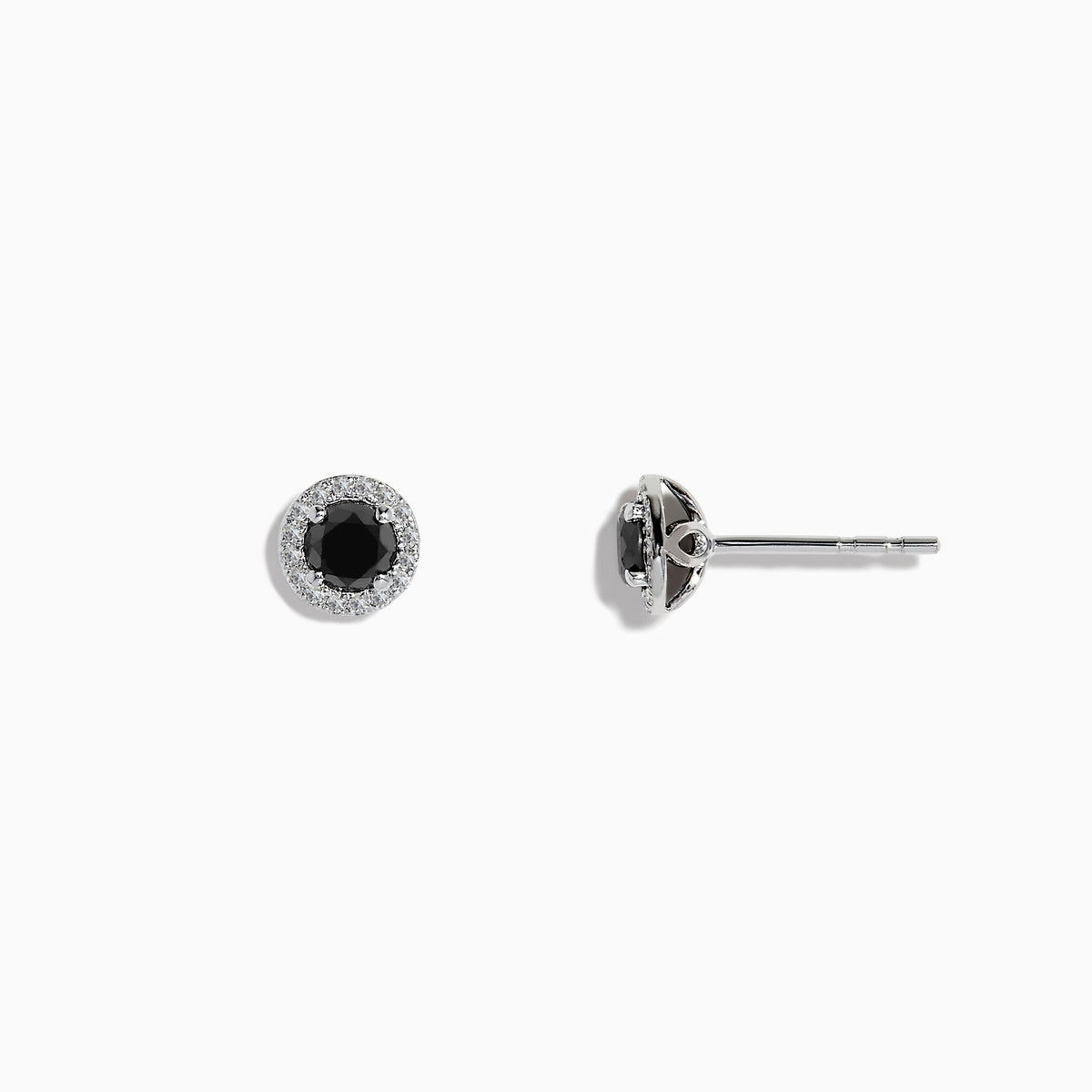The Caviar 14K White Gold White and Black Diamond Stud Earrings feature black diamond centers encircled by white diamonds, shown on a plain white background.