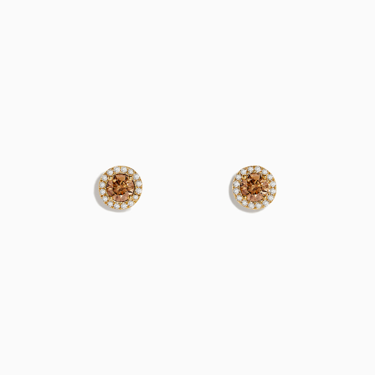 The 14K Yellow Gold White and Espresso Diamond Stud Earrings feature a cluster of espresso diamonds at the center, encircled by small clear stones, all set in yellow gold against a white backdrop.