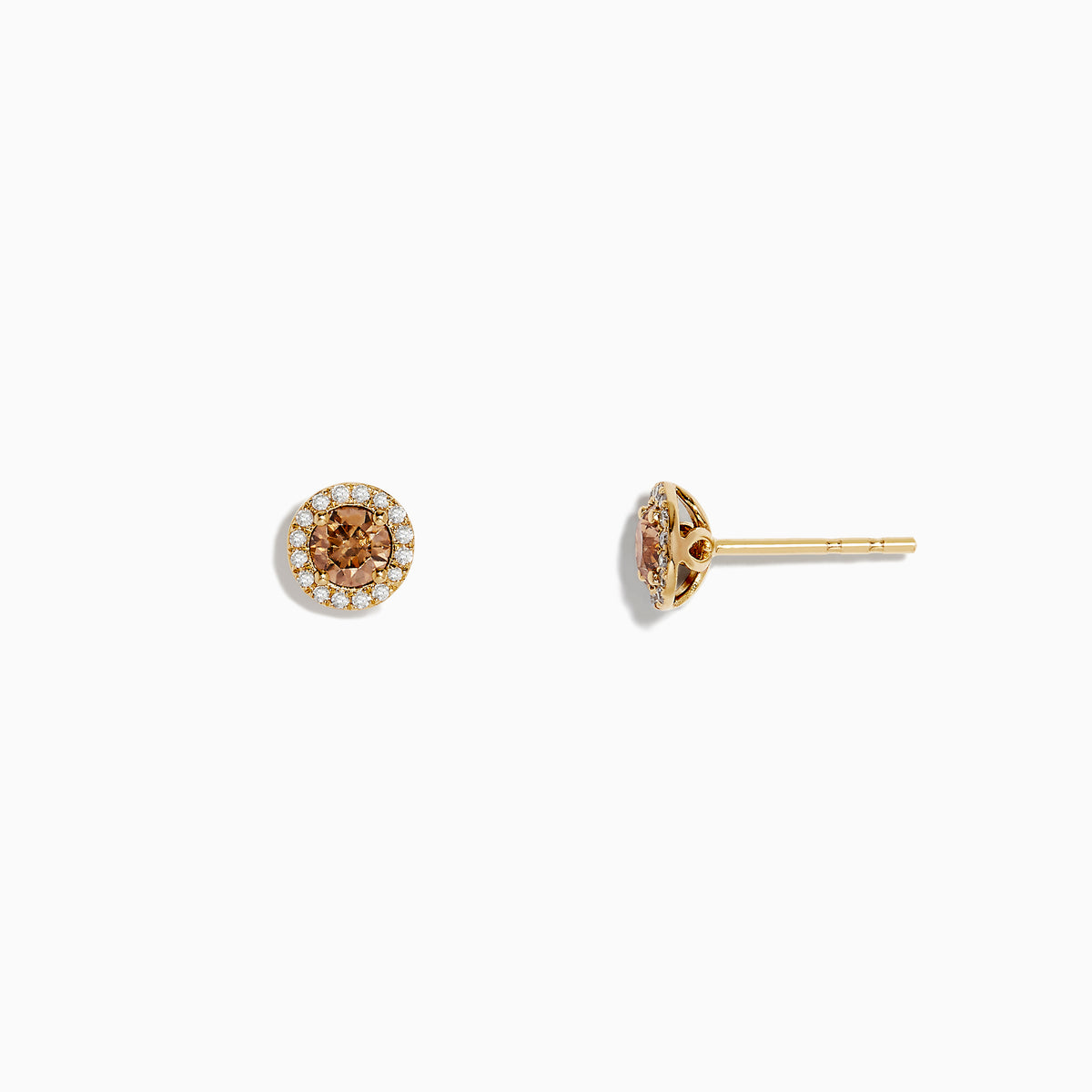 The 14K Yellow Gold White and Espresso Diamond Stud Earrings feature a cluster of espresso diamonds at the center, encircled by small clear stones, all set in yellow gold against a white backdrop.