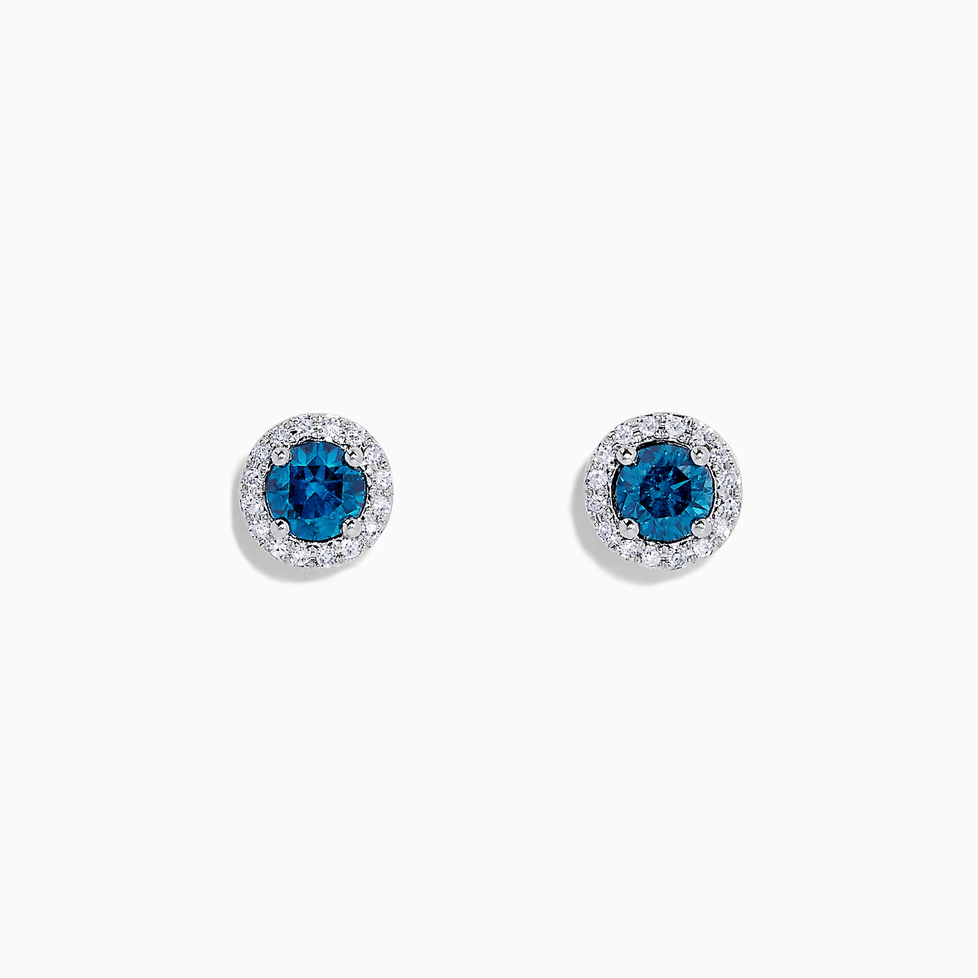 The Bella Bleu 14K Gold Blue and White Diamond Stud Earrings (0.71 TCW) feature deep blue stones surrounded by white diamonds, set in elegant gold and shown against a plain white background.