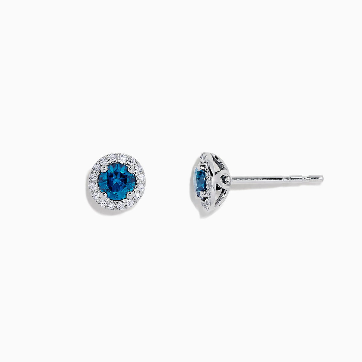 The Bella Bleu 14K Gold Blue and White Diamond Stud Earrings (0.71 TCW) feature deep blue stones surrounded by white diamonds, set in elegant gold and shown against a plain white background.