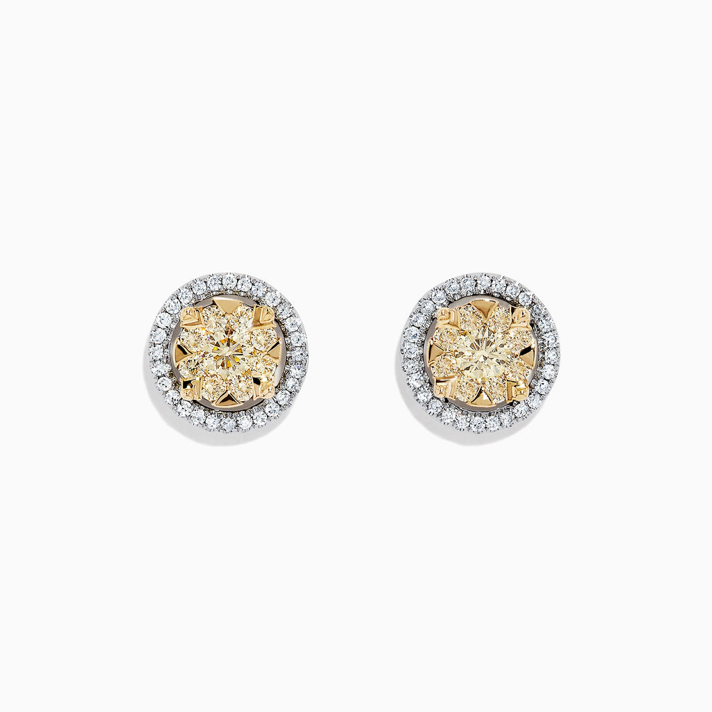 The Canare 14K Two Tone Gold Yellow Diamond Bouquet Halo Earrings feature a classic round design with a yellow diamond center and a halo of clear stones, totaling 0.98 carats.
