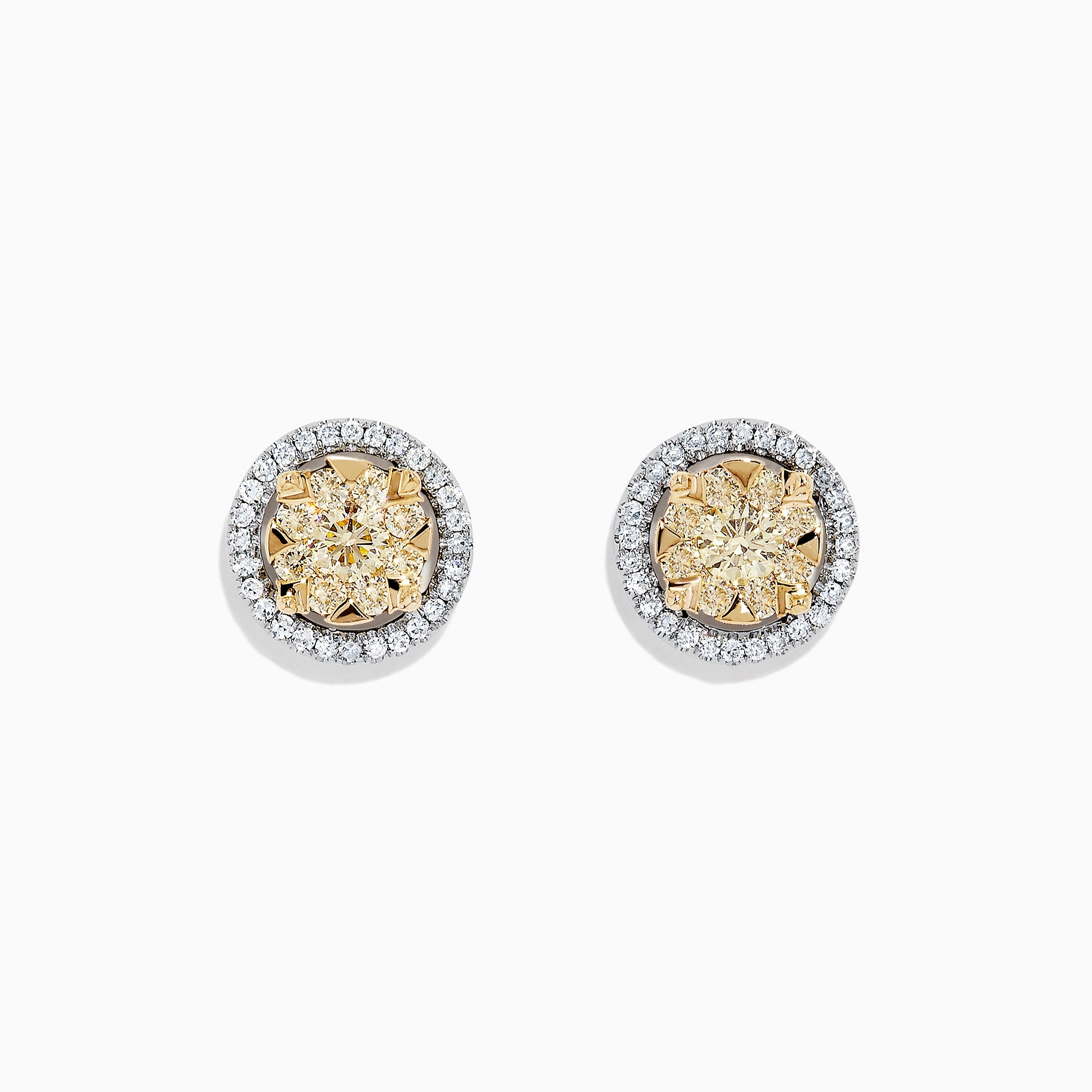 The Canare 14K Two Tone Gold Yellow Diamond Bouquet Halo Earrings feature a classic round design with a yellow diamond center and a halo of clear stones, totaling 0.98 carats.