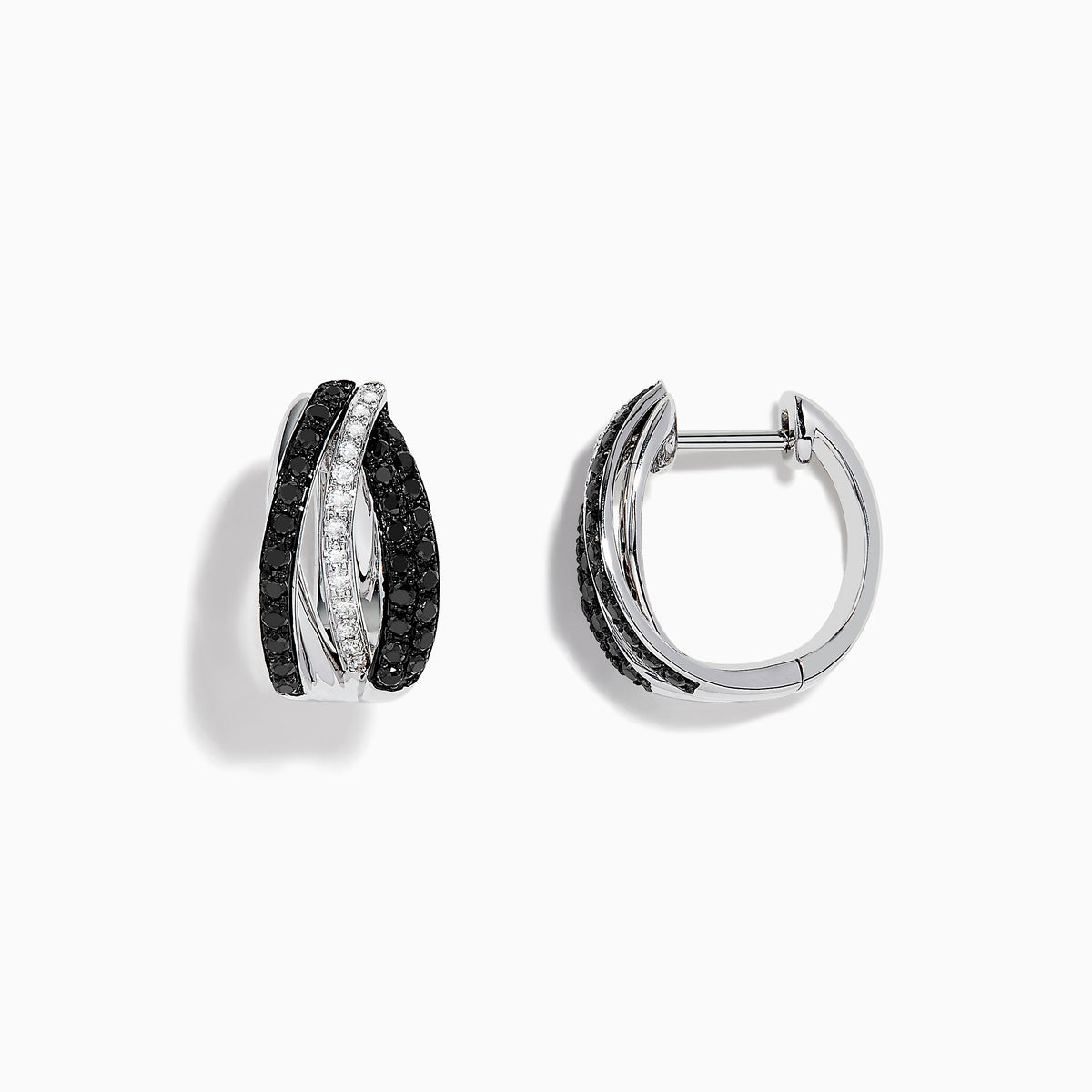 A pair of 14K White Gold White and Black Diamond Hoop Earrings featuring intertwined bands with black and clear stones, set against a white background.