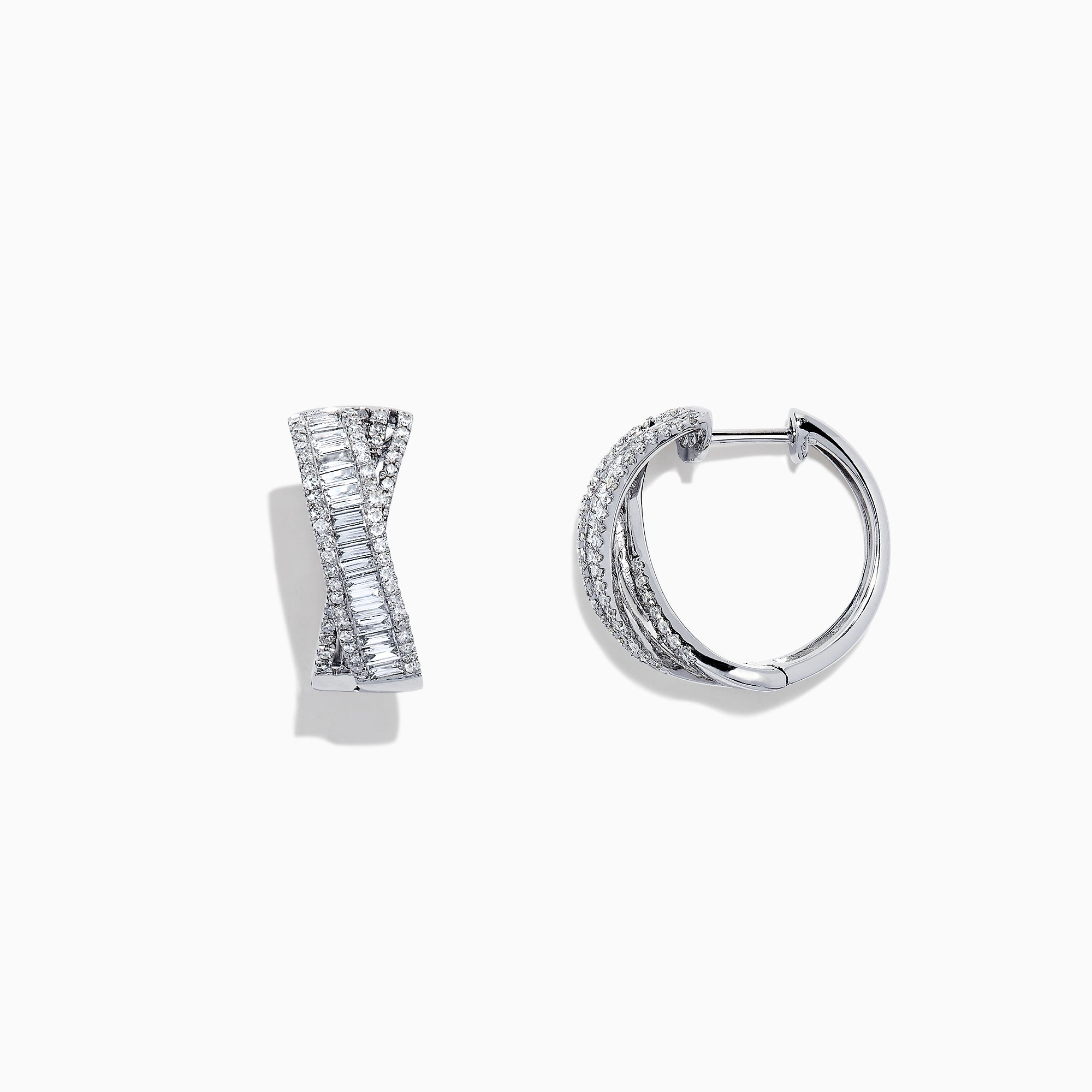 The Classique 14K White Gold 5/8 Diamond Hoop Earrings feature a twisted rectangular design with sparkling baguette-cut diamonds in geometric patterns, totaling 1.06 TCW, and are displayed against a white background.