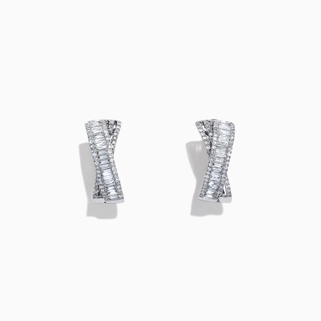 The Classique 14K White Gold 5/8 Diamond Hoop Earrings feature a twisted rectangular design with sparkling baguette-cut diamonds in geometric patterns, totaling 1.06 TCW, and are displayed against a white background.