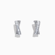The Classique 14K White Gold 5/8 Diamond Hoop Earrings feature a twisted rectangular design with sparkling baguette-cut diamonds in geometric patterns, totaling 1.06 TCW, and are displayed against a white background.