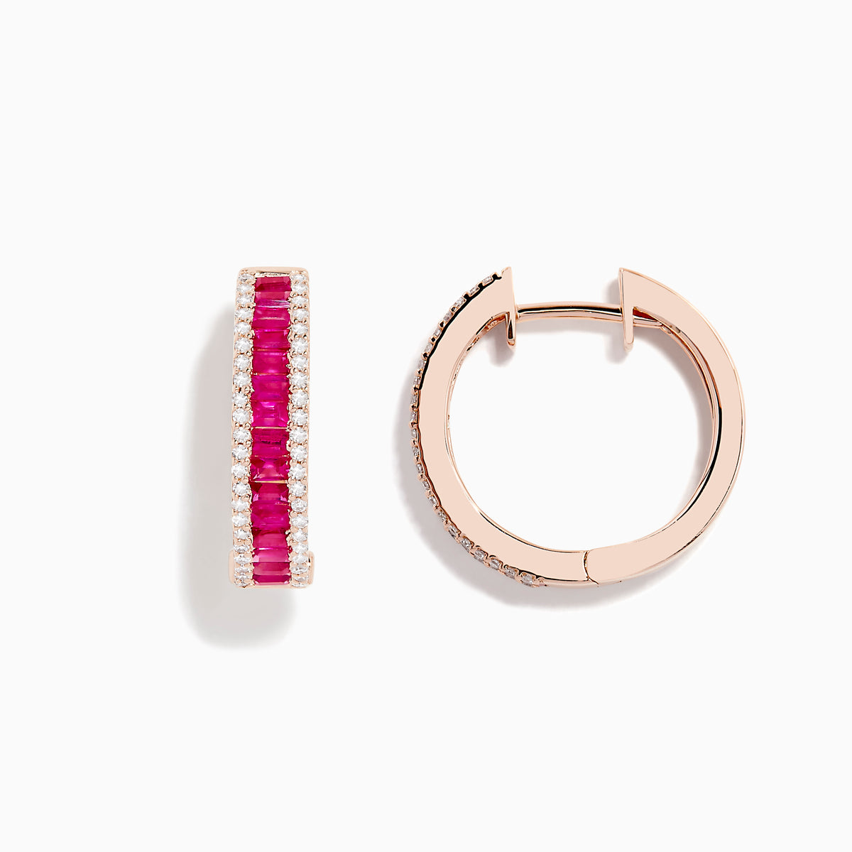 The Ruby Royale 14K Rose Gold Baguette Cut Ruby 3/4 Hoop Earrings feature a row of baguette rubies in the center, bordered by small clear stones, and are showcased against a white background.