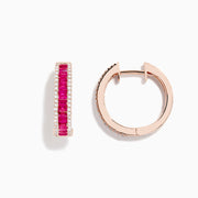 The Ruby Royale 14K Rose Gold Baguette Cut Ruby 3/4 Hoop Earrings feature a row of baguette rubies in the center, bordered by small clear stones, and are showcased against a white background.