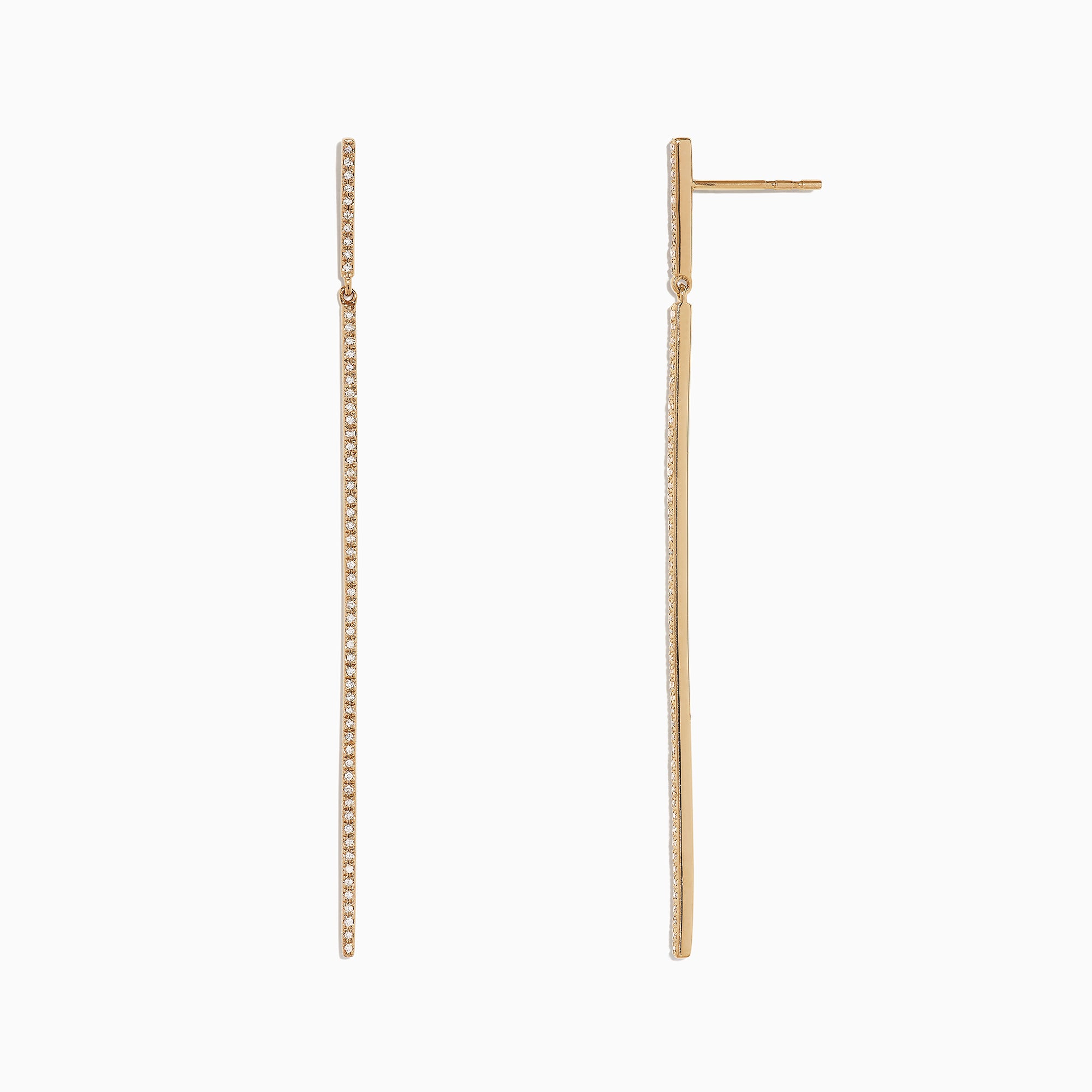 The DOro 14K Yellow Gold Diamond Vertical Drop Earrings feature a minimalist, elegant design with a single row of sparkling diamonds totaling 0.35 TCW, shown against a white background.