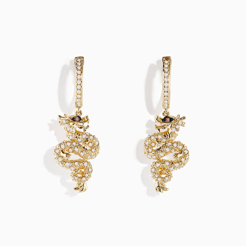 Safari 14K Yellow Gold Espresso and White Diamond Dragon Earrings feature intricate dragon shapes, crafted in 14K yellow gold with espresso and white diamonds, displayed against a white background.