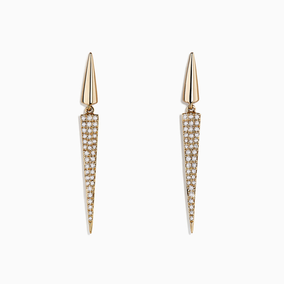 DOro 14K Yellow Gold Geometric Drop Earrings feature pointed, elongated triangles with 0.28 TCW diamonds sparkling on the lower half, shown against a white background.