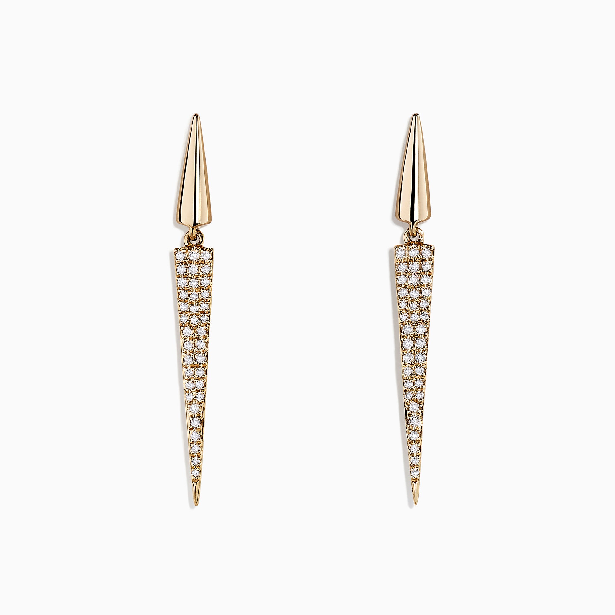 DOro 14K Yellow Gold Geometric Drop Earrings feature pointed, elongated triangles with 0.28 TCW diamonds sparkling on the lower half, shown against a white background.