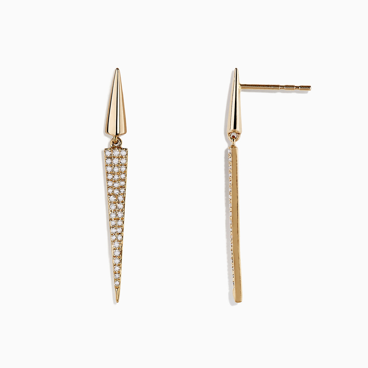 DOro 14K Yellow Gold Geometric Drop Earrings feature pointed, elongated triangles with 0.28 TCW diamonds sparkling on the lower half, shown against a white background.