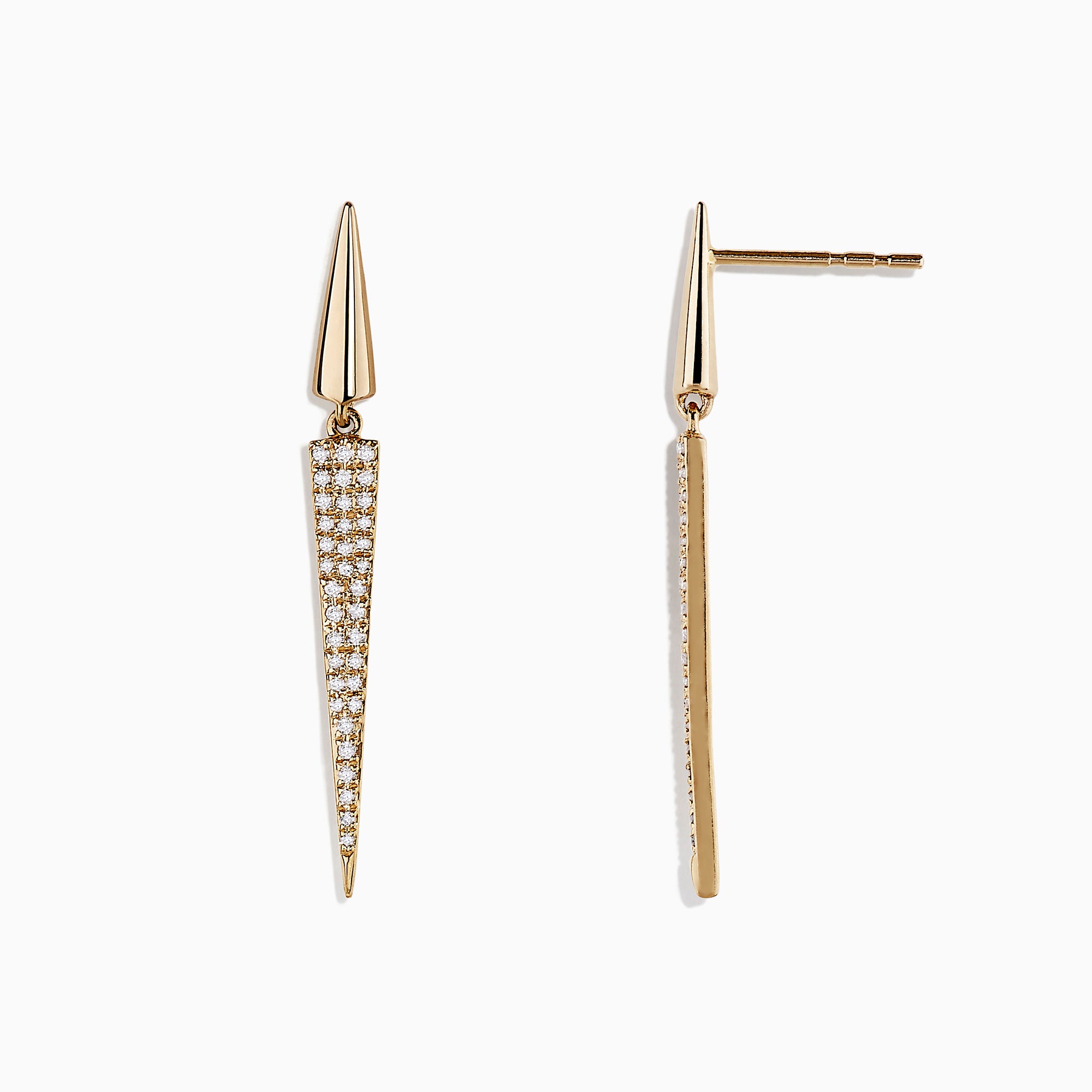 DOro 14K Yellow Gold Geometric Drop Earrings feature pointed, elongated triangles with 0.28 TCW diamonds sparkling on the lower half, shown against a white background.