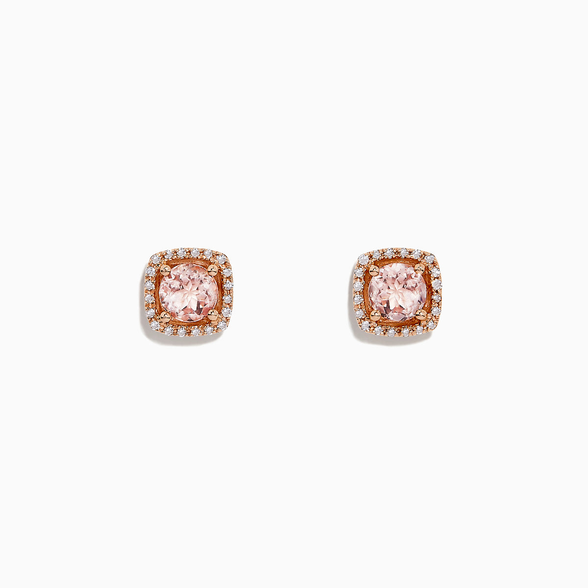 The Blush 14K Rose Gold Morganite and Diamond Stud Earrings, 1.12 TCW, feature square light pink morganite gems with a halo of sparkling diamonds in rose gold, shown on a white background.