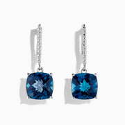 The Ocean Bleu 14K Gold London Blue Topaz & Diamond Earrings, 10.84 TCW, showcase square-cut blue gemstones and diamond-studded hoops, elegantly displayed on a white background.