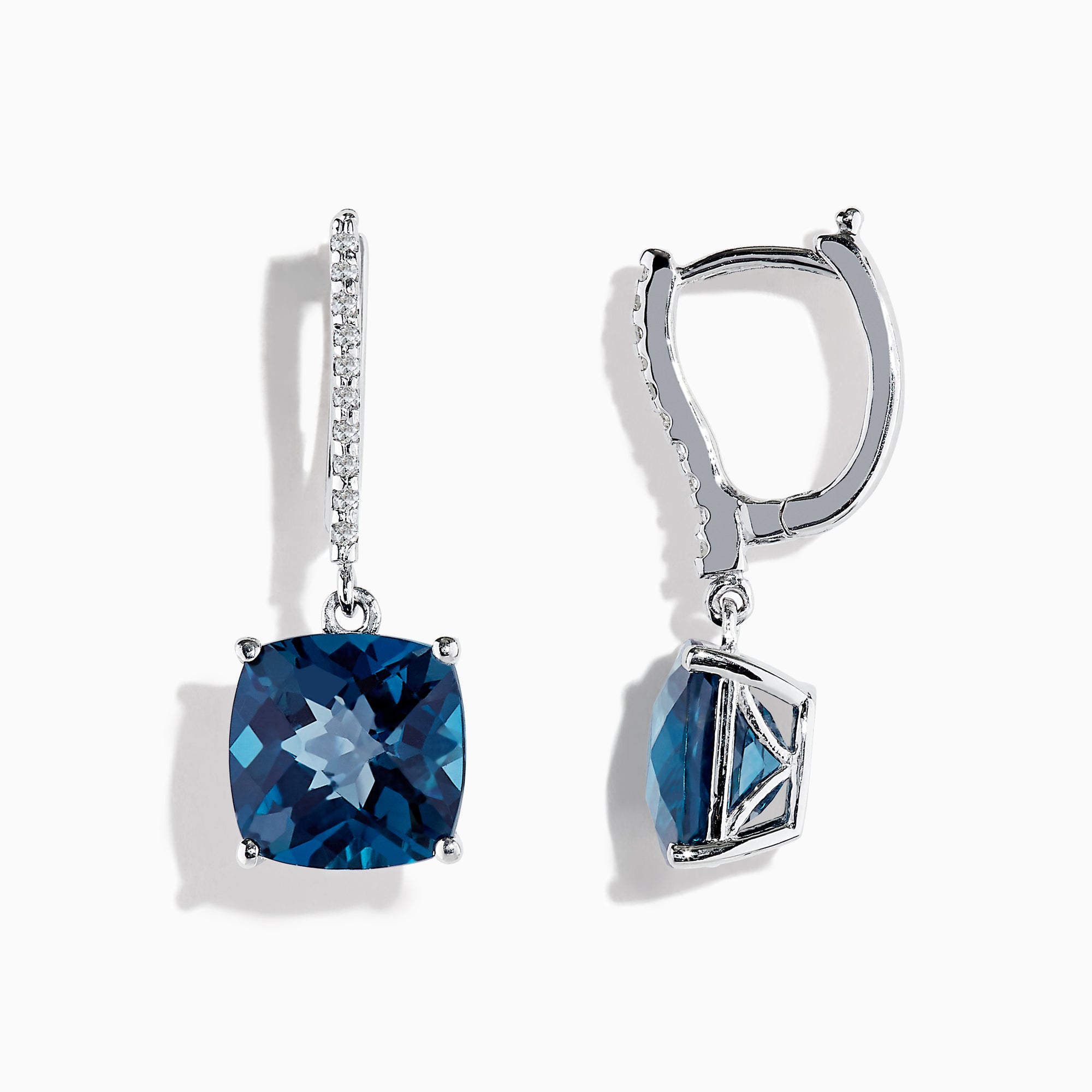 The Ocean Bleu 14K Gold London Blue Topaz & Diamond Earrings, 10.84 TCW, showcase square-cut blue gemstones and diamond-studded hoops, elegantly displayed on a white background.