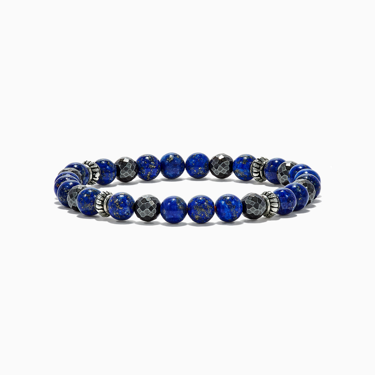 The Mens Lapis Lazuli and Hematite Beaded 7.5 Bracelet features round blue lapis lazuli stones, faceted hematite beads, and silver spacers on an elastic band, totaling 60.00 TW, displayed against a white background.