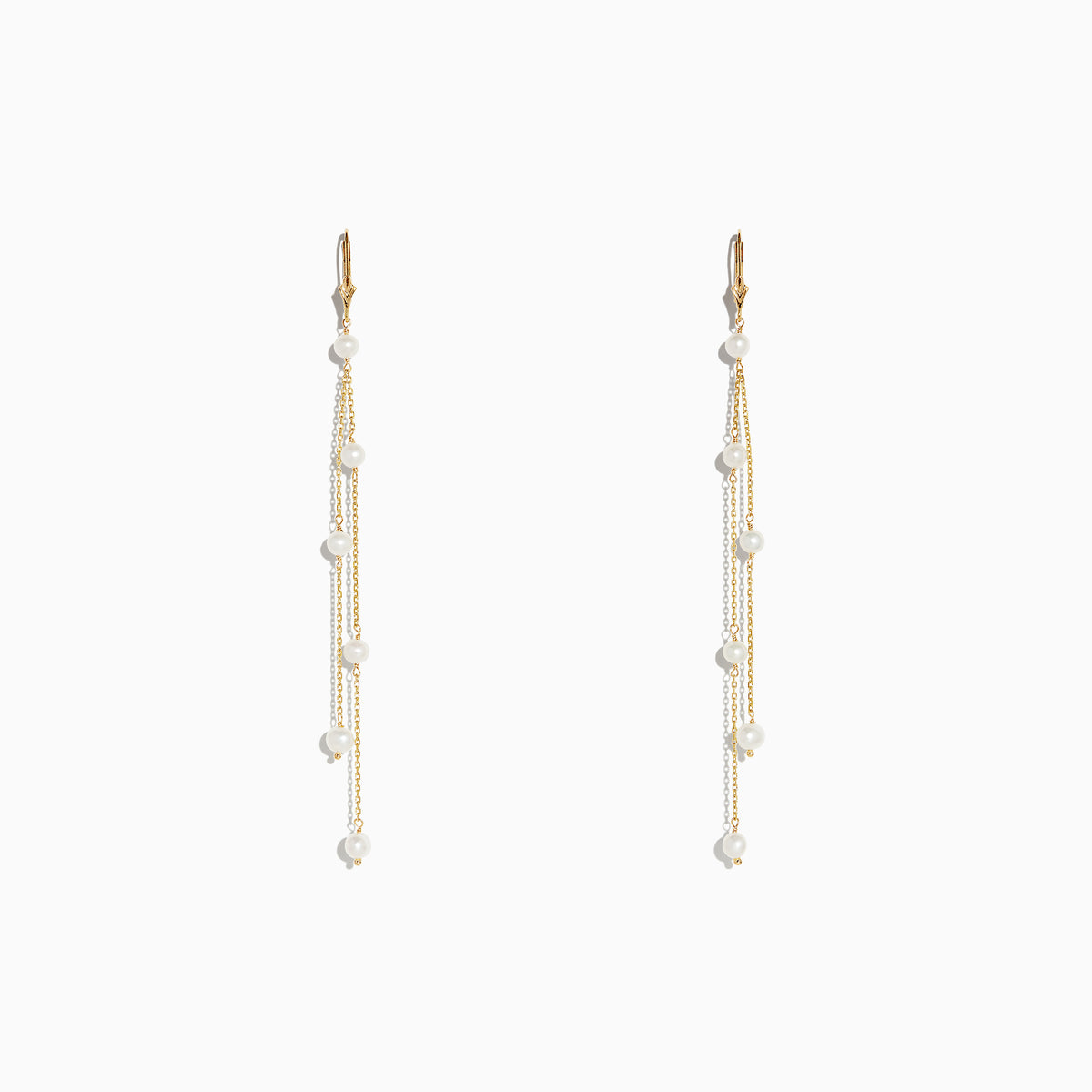 14K Yellow Gold Cultured Fresh Water Pearl Fringe Earrings featuring three delicate gold chains with spaced pearls, displayed on a plain white background.