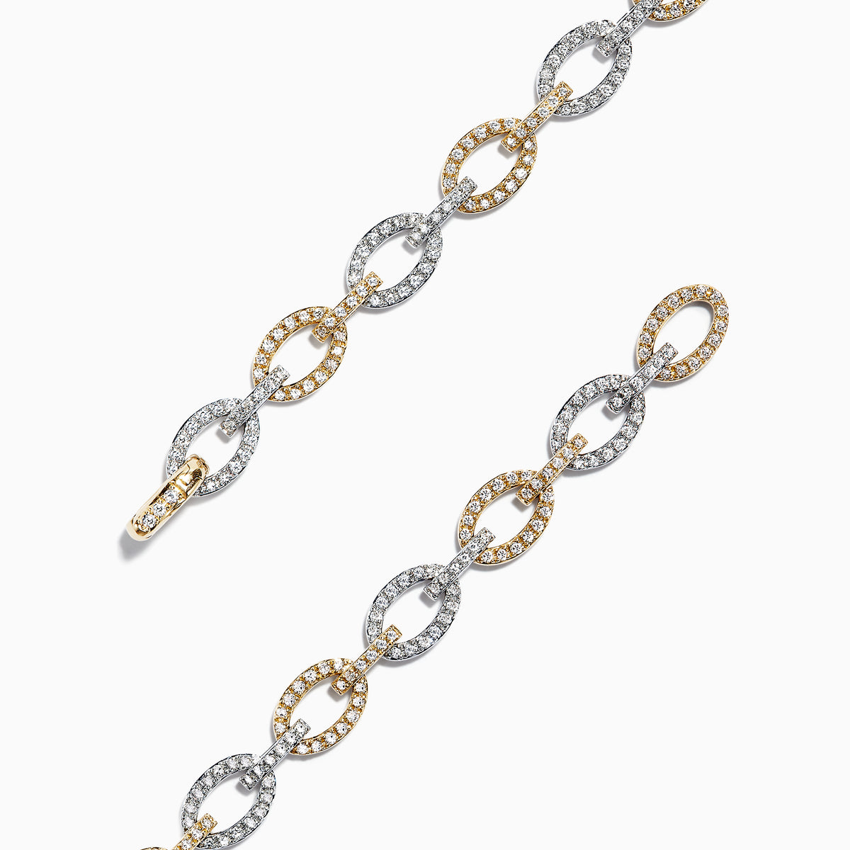 The Duo 14K 2 Tone Gold Diamond Link Tennis Bracelet, 1.52 TCW, features alternating oval links in gold and silver tones, each adorned with sparkling diamonds, displayed on a white background.