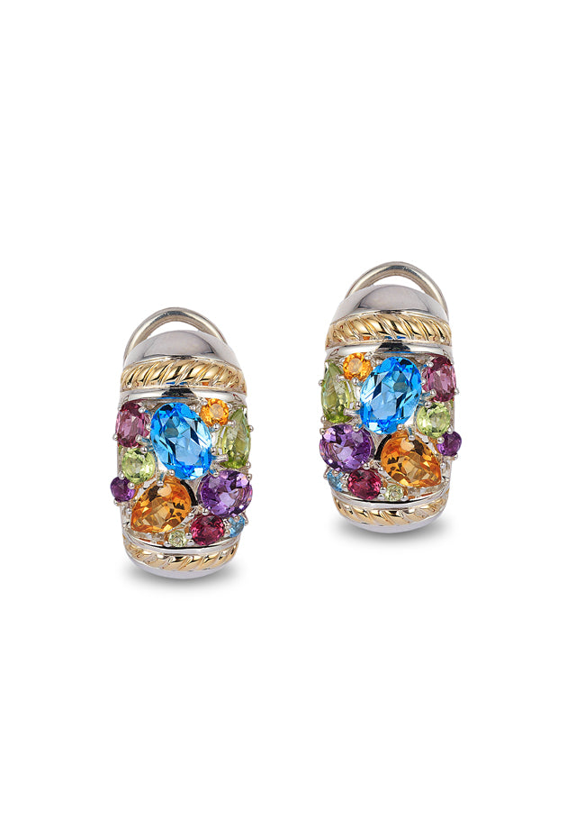 The 925 Sterling Silver & 18K Gold Multi Gemstone Earrings, 4.70 TCW, feature blue, green, orange, and purple stones set in a vibrant cluster design.