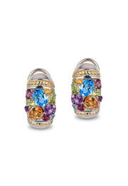 The 925 Sterling Silver & 18K Gold Multi Gemstone Earrings, 4.70 TCW, feature blue, green, orange, and purple stones set in a vibrant cluster design.