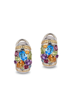 The 925 Sterling Silver & 18K Gold Multi Gemstone Earrings, 4.70 TCW, feature blue, green, orange, and purple stones set in a vibrant cluster design.