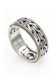 The 925 Sterling Silver and 18K Yellow Gold Mens Band Ring showcases a raised wave pattern and fine gold rope edging, all set against a crisp white background.