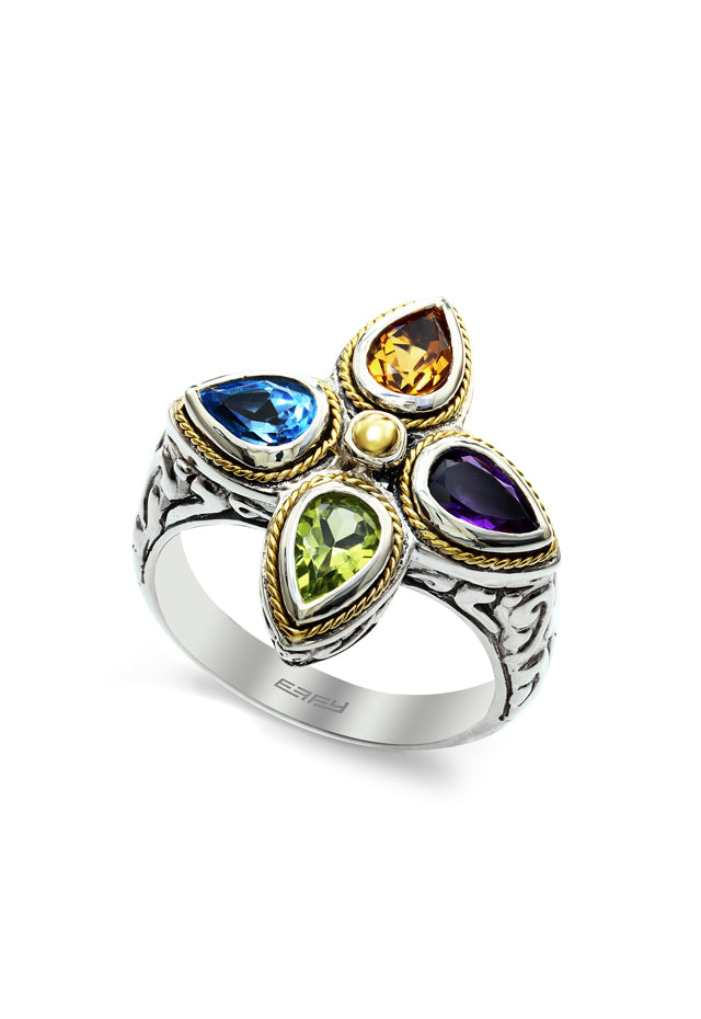Effy 925 Sterling Silver and 18K Yellow Gold Multi Gemstone Ring, 1.70 TCW