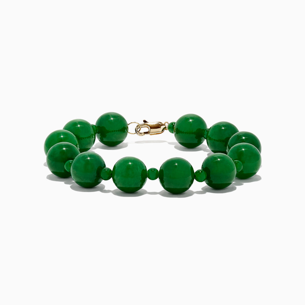 The 14K Yellow Gold Jade Beaded Bracelet, 202.00 TW, with large green beads and a gold clasp, is displayed on a white background.
