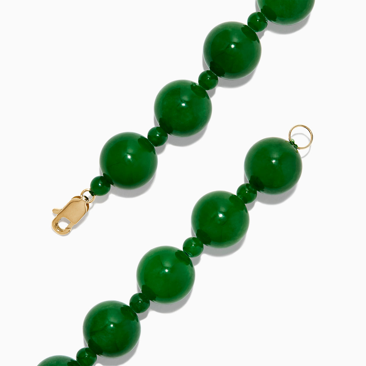 The 14K Yellow Gold Jade Beaded Bracelet, 202.00 TW, with large green beads and a gold clasp, is displayed on a white background.