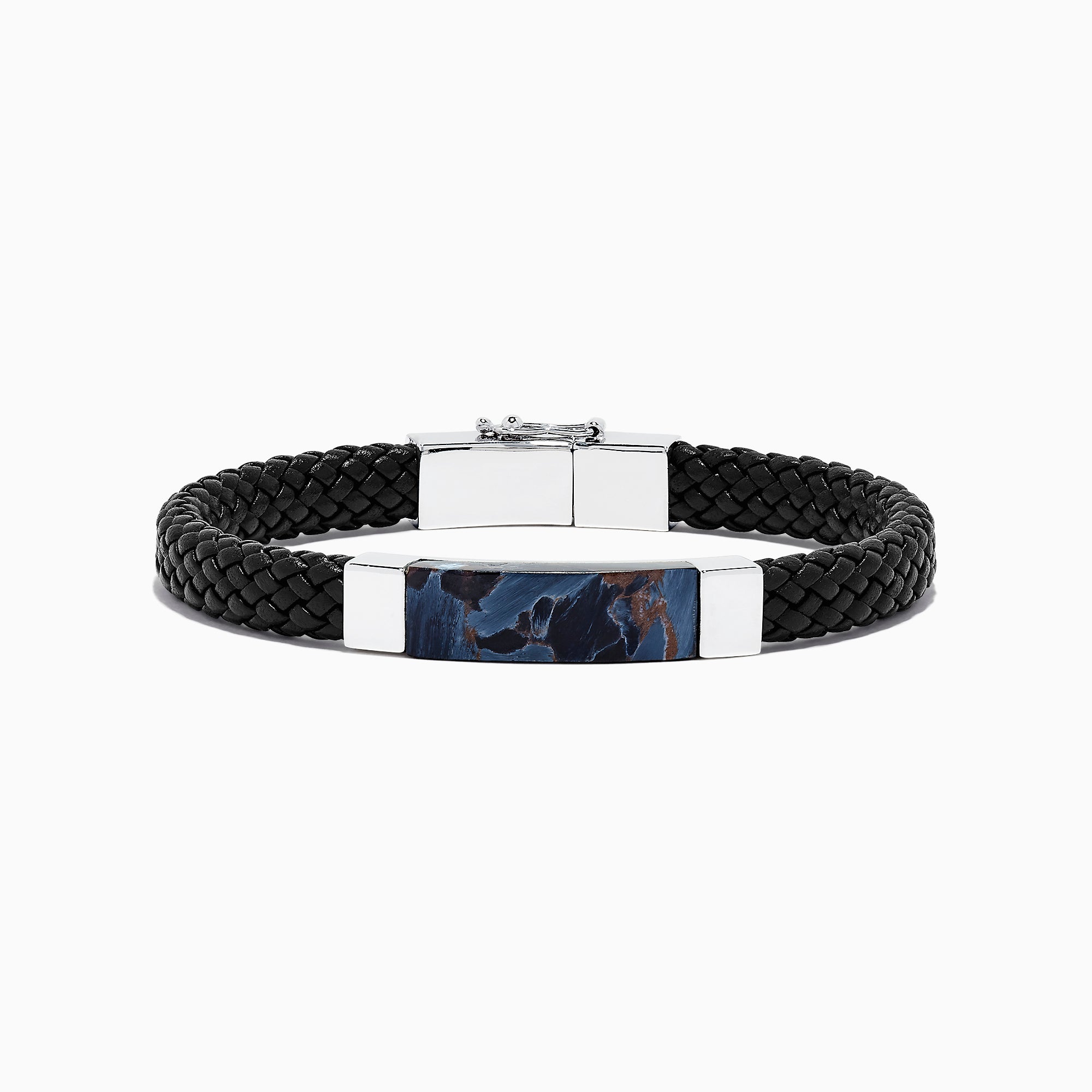 The Mens Sterling Silver Pietersite Woven Leather Bracelet, 12.50 TCW, features black woven leather, a sterling silver clasp, and a rectangular silver accent with a dark blue pietersite marbled center, shown on a white background.