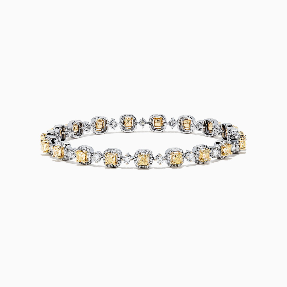 The Canare 18K Gold Yellow & White Diamond Tennis Bracelet, 4.71 TCW, showcases alternating square yellow and round white diamonds for a stunning, eye-catching pattern against a sleek white background.