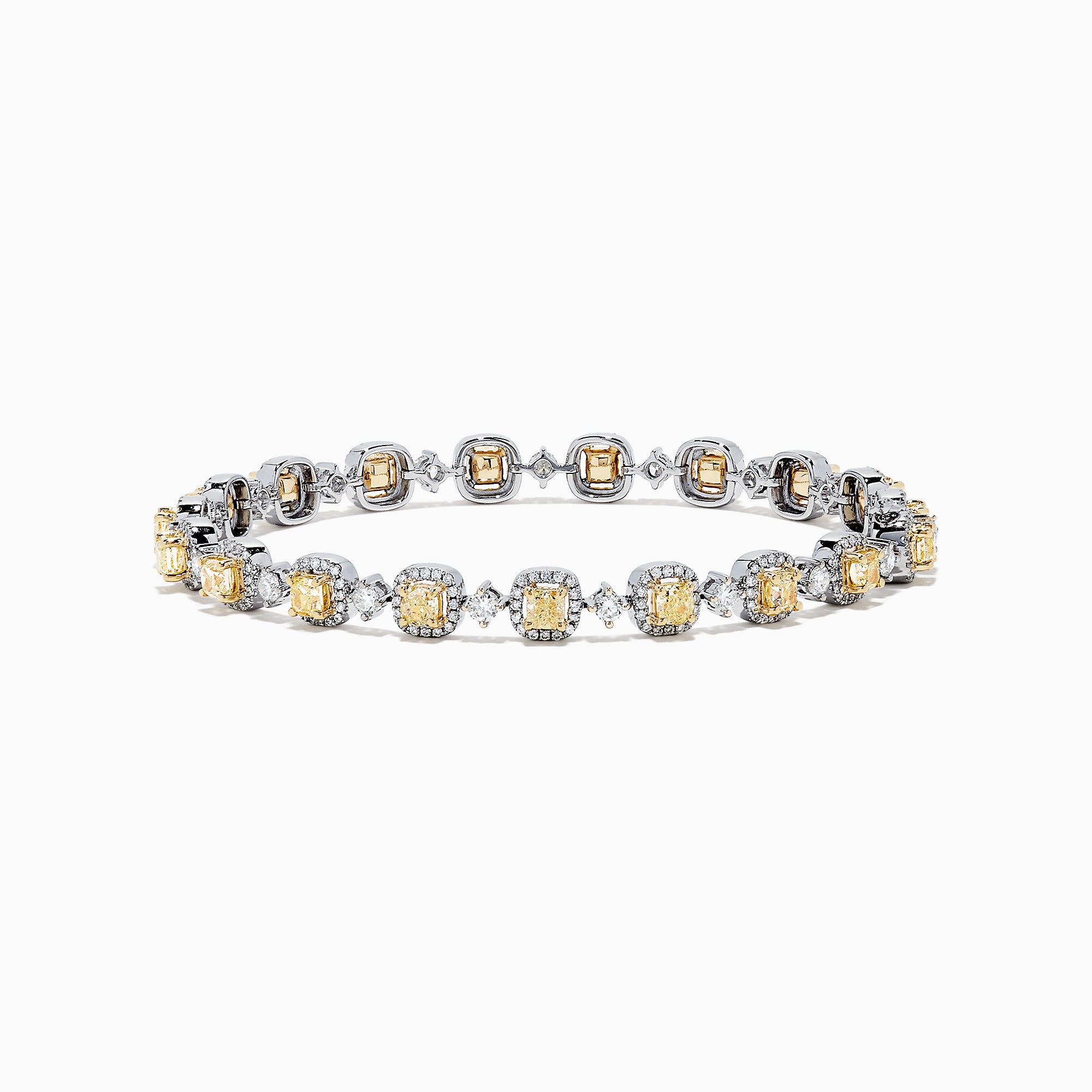 The Canare 18K Gold Yellow & White Diamond Tennis Bracelet, 4.71 TCW, showcases alternating square yellow and round white diamonds for a stunning, eye-catching pattern against a sleek white background.