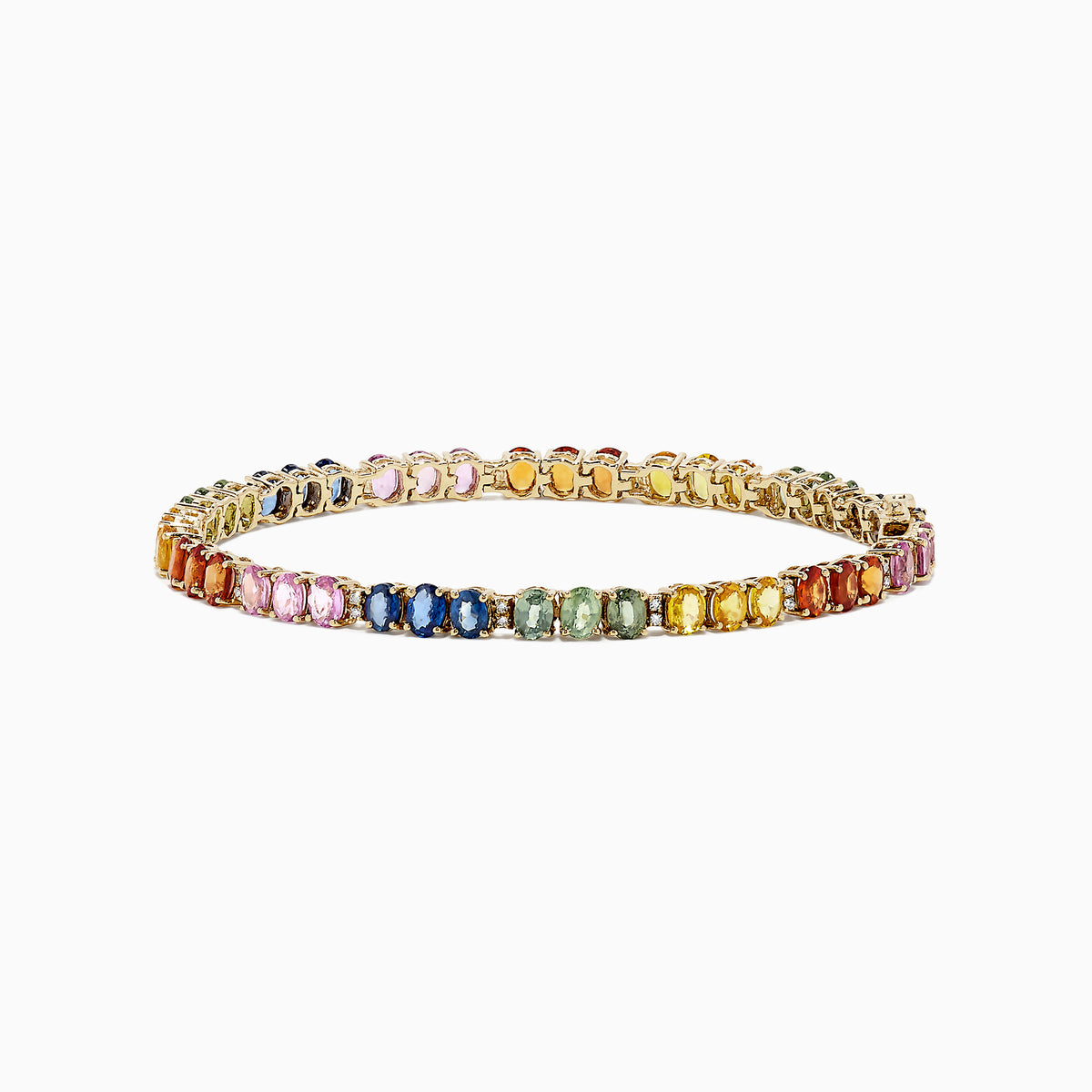 The Watercolors 14K Gold Multi Sapphire & Diamond Tennis Bracelet, 9.73 TW, features a gradient rainbow of oval-cut sapphires and sparkling diamonds, displayed on a white background.