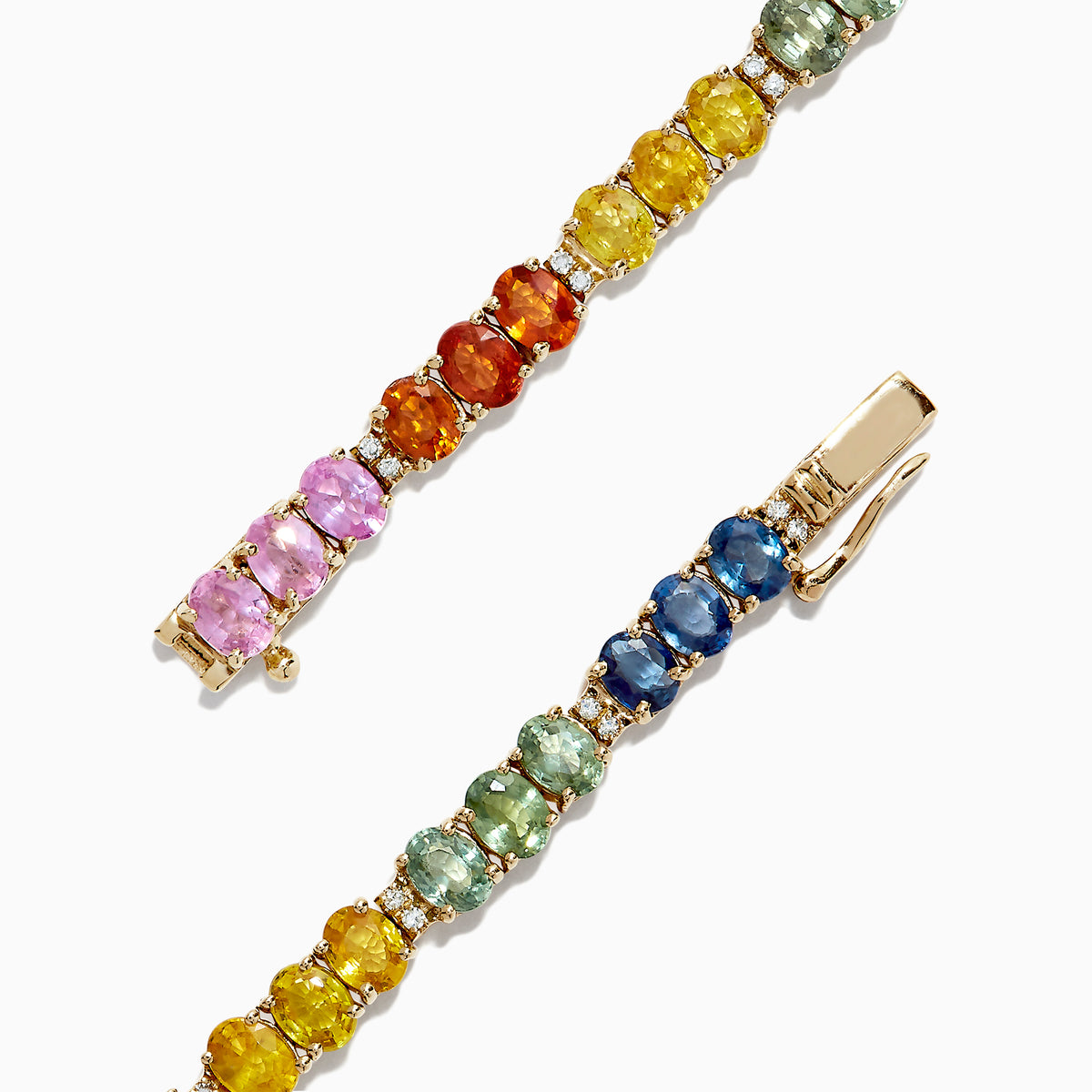 The Watercolors 14K Gold Multi Sapphire & Diamond Tennis Bracelet, 9.73 TW, features a gradient rainbow of oval-cut sapphires and sparkling diamonds, displayed on a white background.