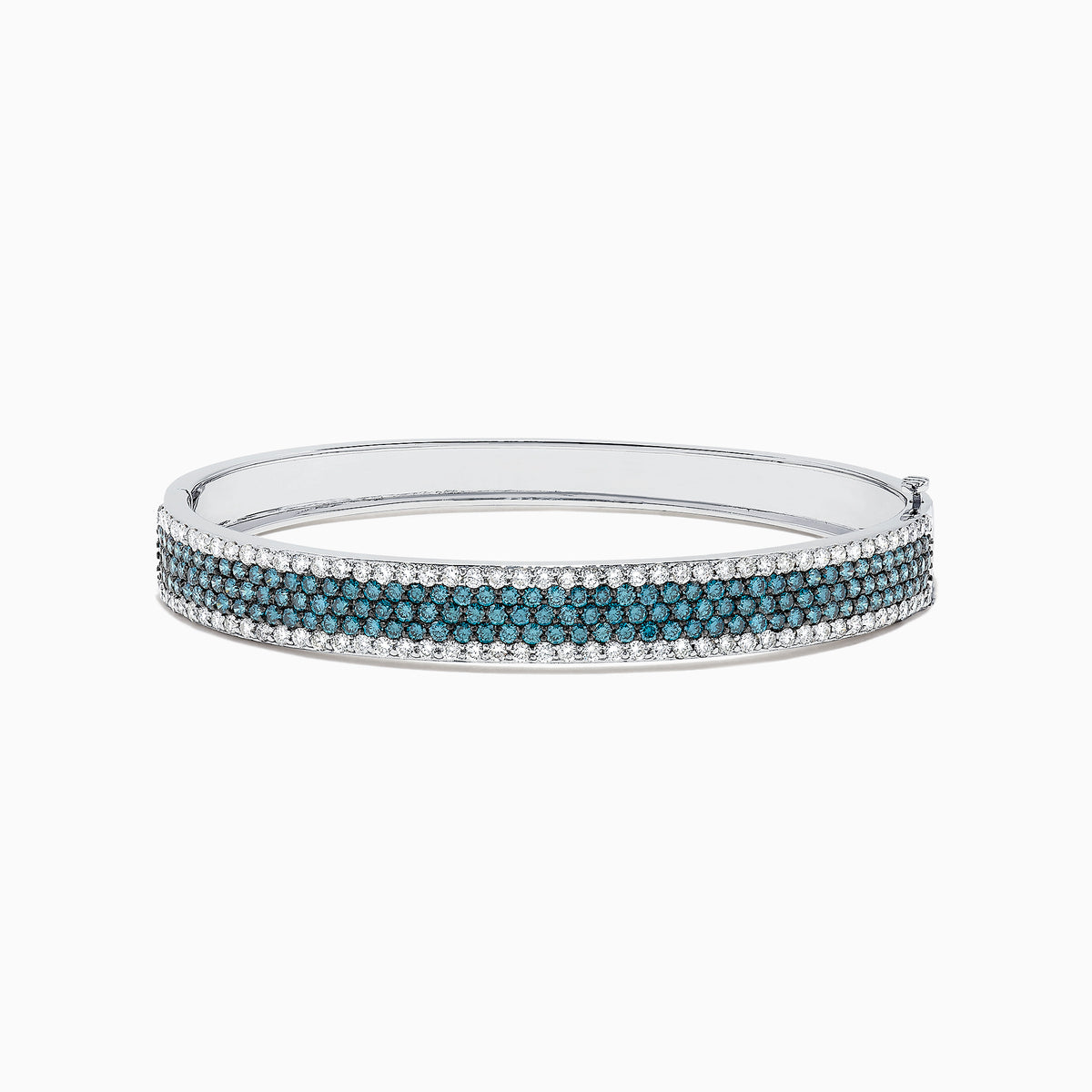 The Bella Bleu 14K White Gold Blue and White Diamond Bangle, 4.47 TCW, features three rows of round blue diamonds in the center, bordered by white diamonds along the edges, showcased on a plain white background.