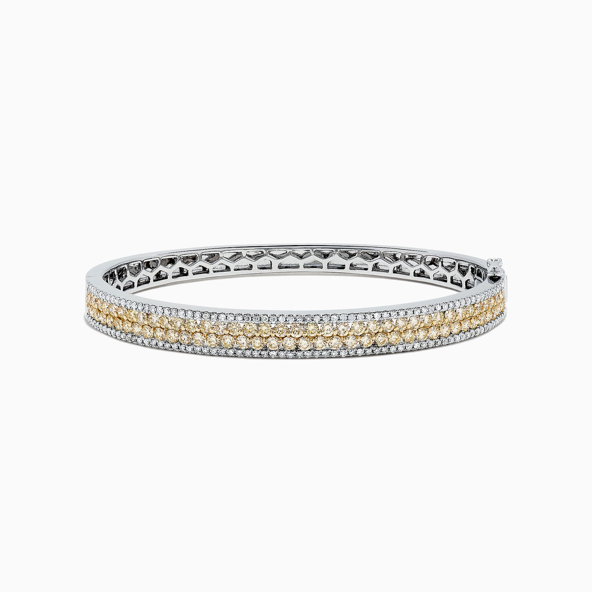 The Canare 14K Gold Yellow and White Diamond Bangle, 3.40 TCW, showcases a central row of yellow and white diamonds in an elegant geometric design inspired by Effy—an eye-catching gold statement piece.