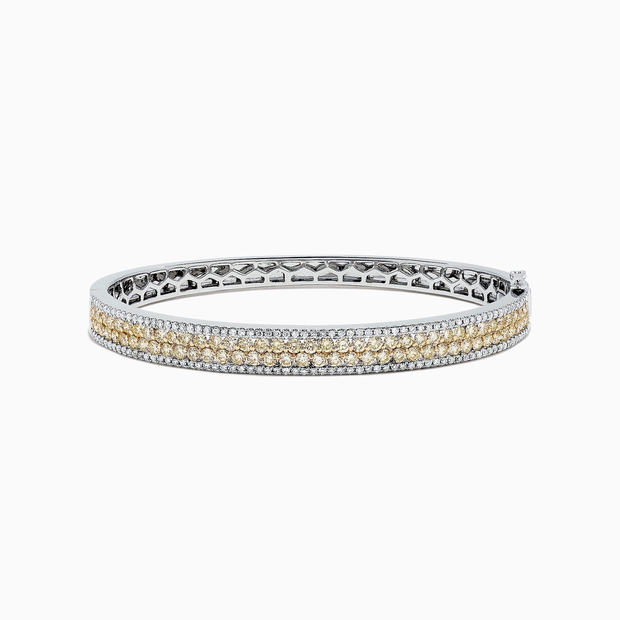 The Canare 14K Gold Yellow and White Diamond Bangle, 3.40 TCW, showcases a central row of yellow and white diamonds in an elegant geometric design inspired by Effy—an eye-catching gold statement piece.