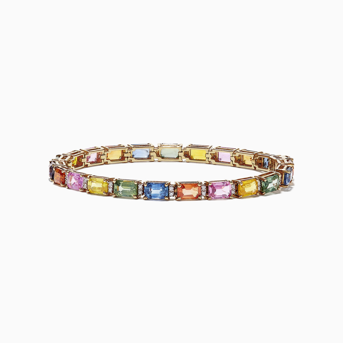 The Watercolors 14K Yellow Gold Multi-Sapphire Diamond Bracelet, 14.51 TCW, showcases rectangular multi-sapphire gemstones in a continuous pattern for a vibrant and elegant accessory.