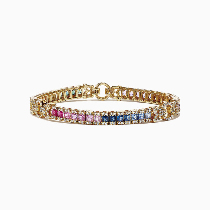 The Watercolors 14K Yellow Gold Multi-Sapphire and Dia Bracelet, 7.66 TCW, showcases square-cut sapphires in a pink-to-blue gradient bordered by round diamonds for a vibrant, elegant look.