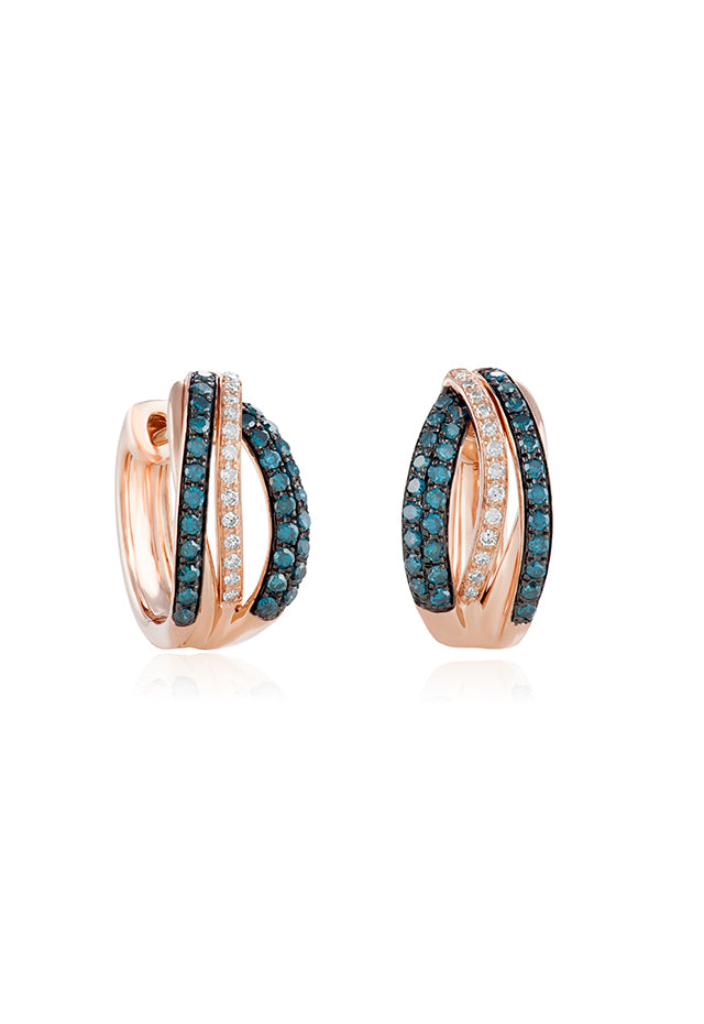 Effy Bella Bleu 14K rose gold earrings featuring blue and white diamonds, 0.51 TCW, set in overlapping bands.