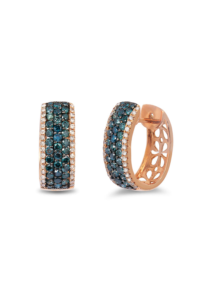 A pair of Bella Bleu 14K Rose Gold Blue and White Diamond Earrings, 1.30 TCW, featuring sparkling diamonds and a floral cutout pattern on the inner hoops.