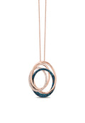 The Bella Bleu 14K Rose Gold Blue and White Diamond Pendant (0.45 TCW) features three interlocking ovals—one with blue and white diamonds, one with clear gemstones, and one plain rose gold—suspended from a delicate chain.